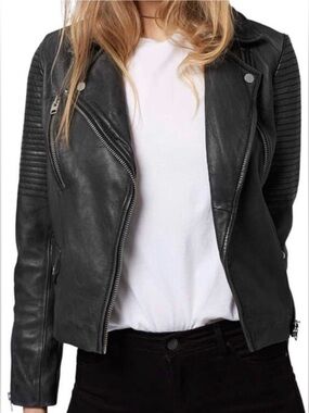 Whet blu Black Quilted Sleeve Leather Moto Jacket Size L